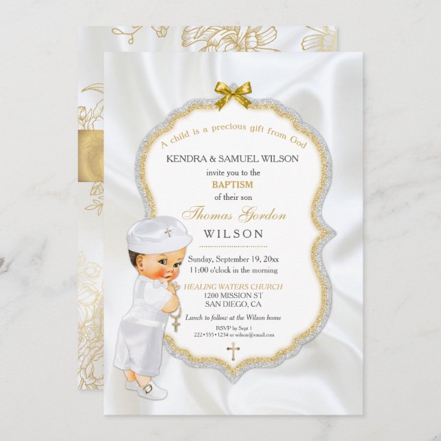 Invitación Bebé Bautismo Christening Gold Cross (Anverso / Reverso)