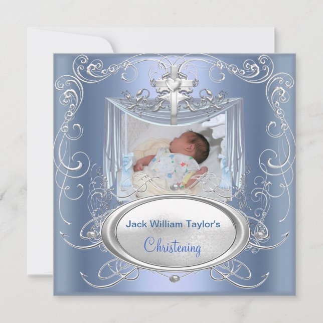 Invitación Bebé bautismo niño cruz de plata azul (Anverso)