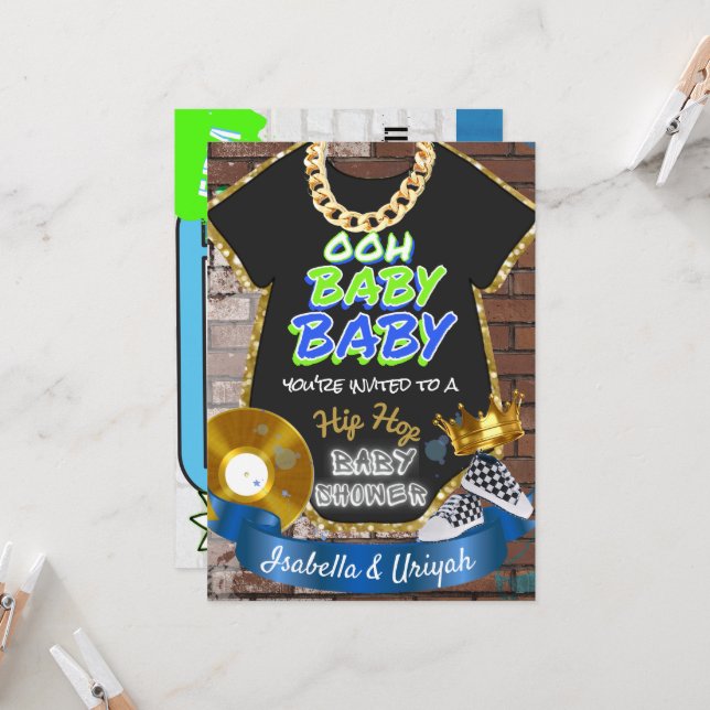 Invitación Bebé bebé | Hip Hop Blue & Green Retro (Anverso/Reverso In Situ)