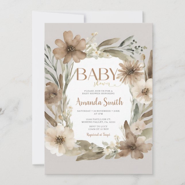 Invitación Bebé beige en Chica de flores de sangre Baby Showe (Anverso)