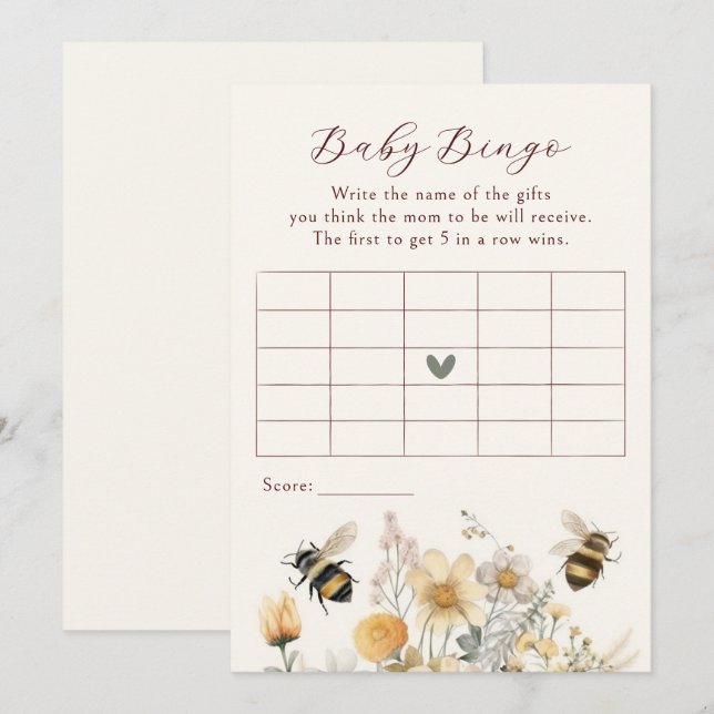 Invitación Bebé Bingo Juego de Baby Shower Bee Flor silvestre (Anverso / Reverso)