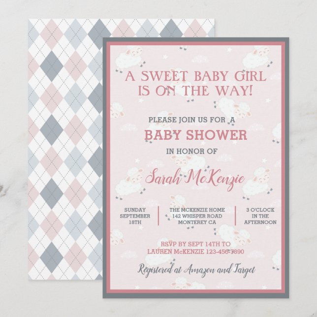 Invitación Bebé blanco gris rosado salta Baby Shower (Anverso / Reverso)