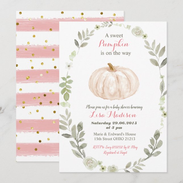 Invitación Bebé blanco rosado de oro (Anverso / Reverso)