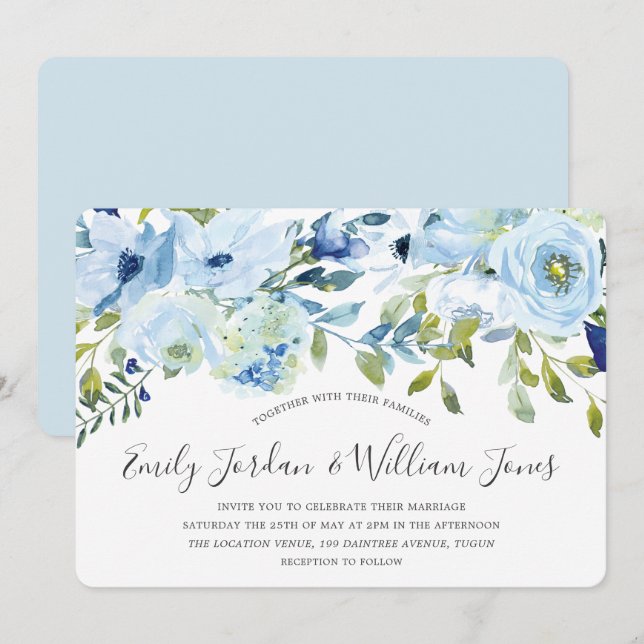 Invitación Bebé Blue acuarela Flores Boda de Invierno (Anverso / Reverso)