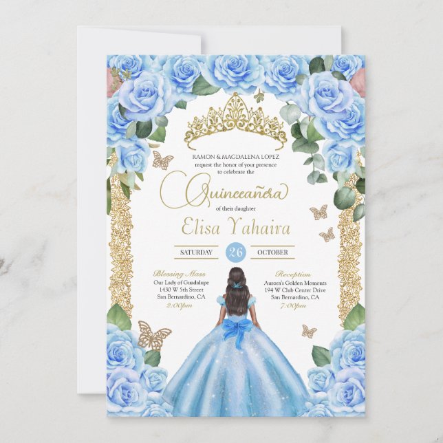 Invitación Bebe Blue Butterfly Princesa Vestido Quinceanera (Anverso)