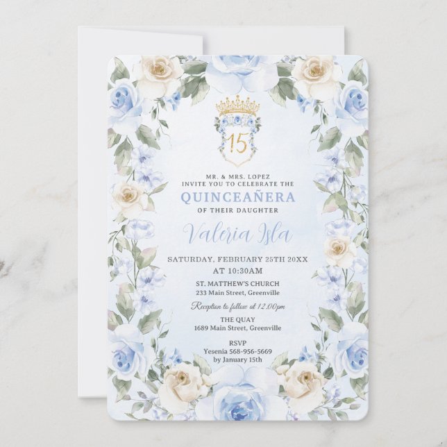 Invitación Bebé Blue Cream Floral Wreath Gold Quinceañera (Anverso)