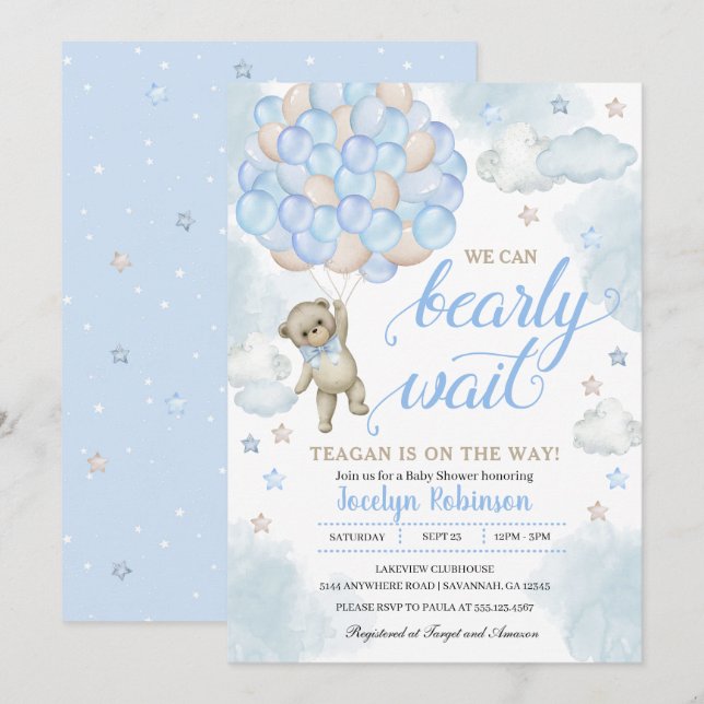 Invitación Bebé Blue Cute Teddy Bear Globos Baby Shower (Anverso / Reverso)