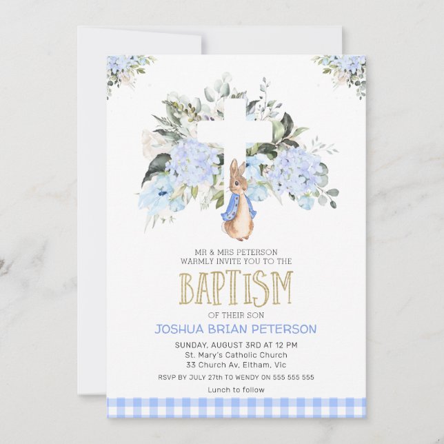 Invitación Bebé Blue Flaid Plaid Peter Rabbit Baptism (Anverso)