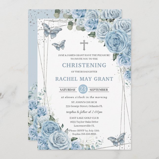 Invitación Bebé Blue Floral Butterflies bautismo (Anverso / Reverso)