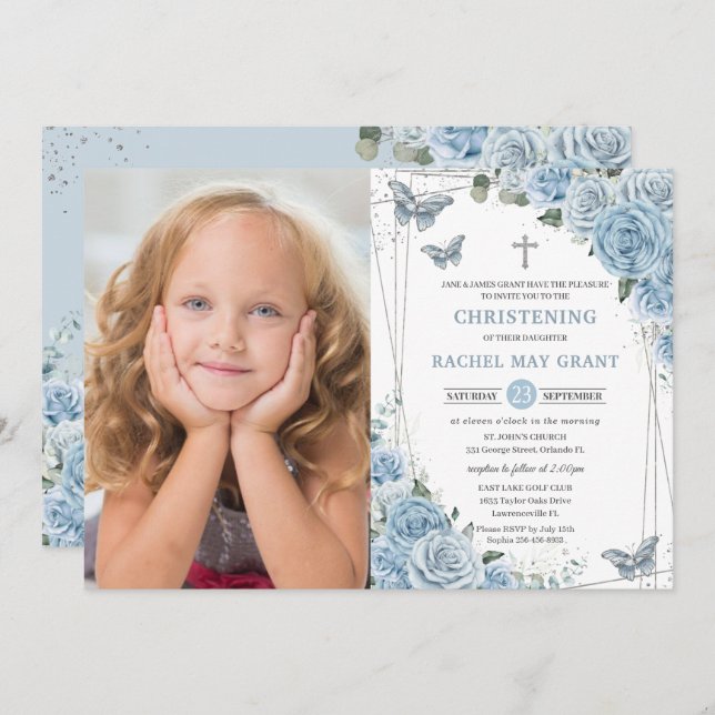 Invitación Bebé Blue Floral Butterflies bautismo (Anverso / Reverso)