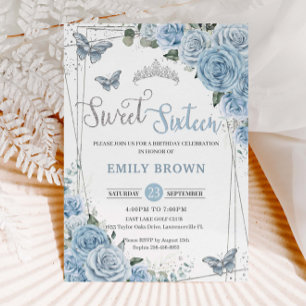Invitación Bebé Blue Floral Butterflies Dulce dieciséis