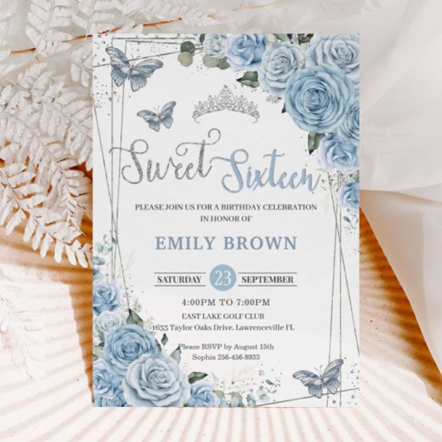Invitación Bebé Blue Floral Butterflies Dulce dieciséis (baby blue floral sweet sixteen 16 birthday Cinderella butterflies silver geometric invitation cards)