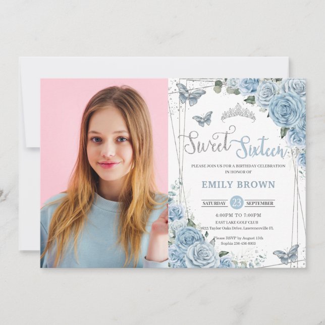 Invitación Bebé Blue Floral Butterflies Dulce Dieciséis En (Anverso)
