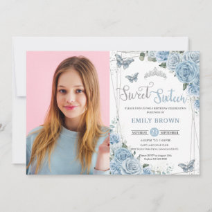 Invitación Bebé Blue Floral Butterflies Dulce Dieciséis En