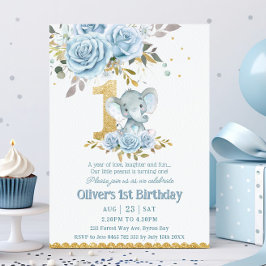 Invitación Bebé Blue Floral Cute Elephant Un primer cumpleaño
