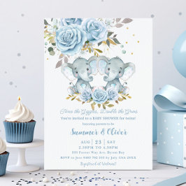 Invitación Bebé Blue Floral Cute Elephants Twins Baby Shower