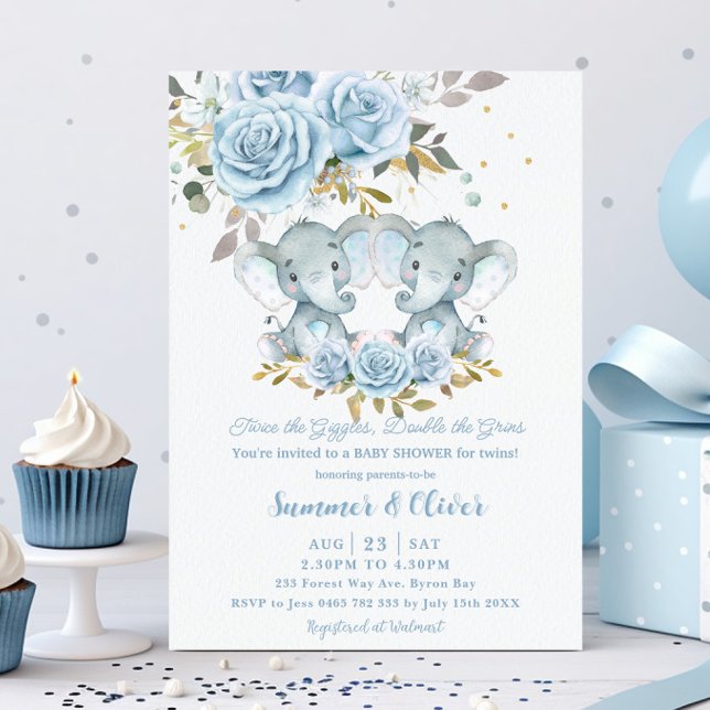 Invitación Bebé Blue Floral Cute Elephants Twins Baby Shower (Subido por el creador)