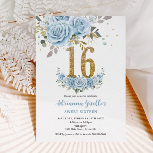 Invitación Bebé Blue Floral Gold Sweet 16 Dieciséis cumpleaño (Subido por el creador)