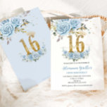 Invitación Bebé Blue Floral Gold Sweet 16 Dieciséis cumpleaño<br><div class="desc">Personalice esta elegante invitación de 16 cumpleaños con su propia redacción fácil y rápidamente. Simplemente haga clic en el botón Editar usando herramientas de diseño para editar el texto, la redacción, el estilo de fuente, el tamaño de fuente, el color de fuente, agregar más texto, mover o eliminar algunas imágenes....</div>