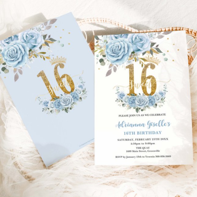 Invitación Bebé Blue Floral Gold Sweet 16 Dieciséis cumpleaño (Subido por el creador)