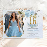 Invitación Bebé Blue Floral Gold Sweet Dieciséis cumpleaños P<br><div class="desc">Personalice esta elegante foto de 16 años de color azul bebé floral Sweet con su propia redacción fácil y rápidamente. Simplemente haga clic en el botón Editar usando herramientas de diseño para editar el texto, la redacción, el estilo de fuente, el tamaño de fuente, el color de fuente, agregar más...</div>