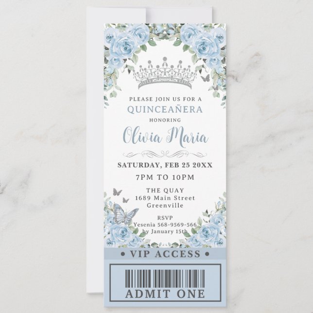 Invitación Bebé Blue Floral Mariposa Quinceañera Ticket VIP (Anverso)