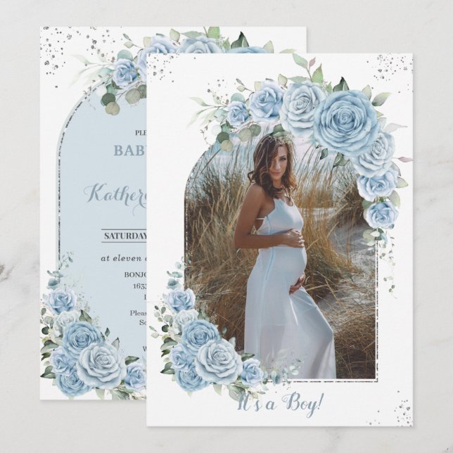 Invitación Bebé Blue Floral Silver Baby Shower Photo Arch (Anverso / Reverso)