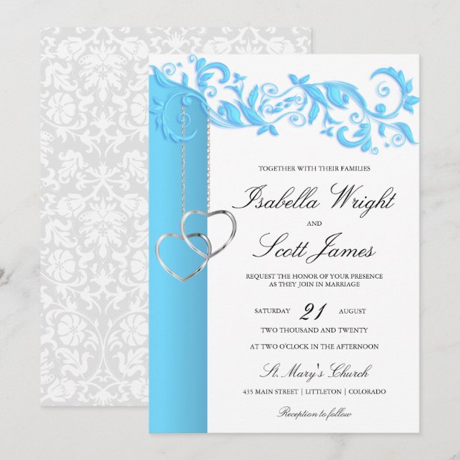 Invitación Bebé Blue Floral Swirl y Boda Blanco (Anverso / Reverso)