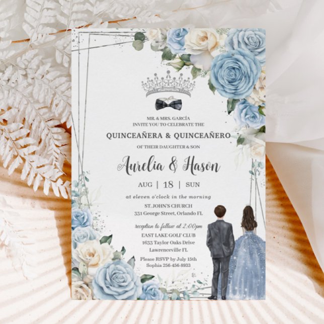 Invitación Bebé Blue Floral Twins Chica Quinceañera (baby blue white floral roses silver quinceanero quinceanera twins boy girl invitation cards download)