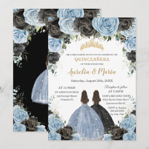 Invitación Bebé Blue Floral Twins Gold Quinceañera XV