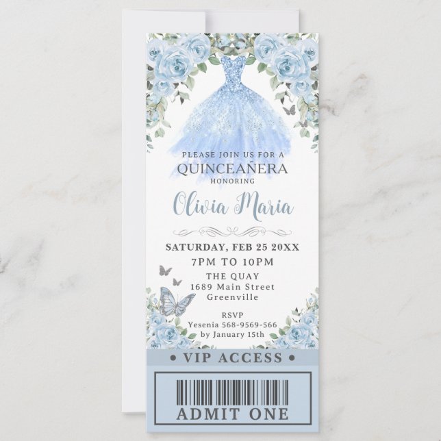Invitación Bebé Blue Floral Vestido vestido de traje Quinceañ (Anverso)