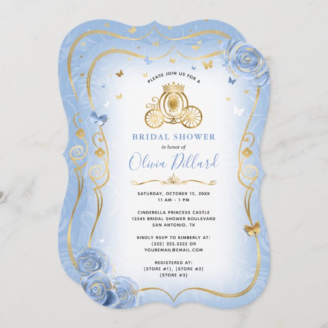 Invitación Bebé Blue Gold Cinderella Princess Bridal Shower (Anverso / Reverso)
