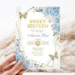 Invitación Bebé Blue Gold Sweet 16 marco geométrico de maripo