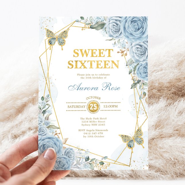 Invitación Bebé Blue Gold Sweet 16 marco geométrico de maripo (Subido por el creador)