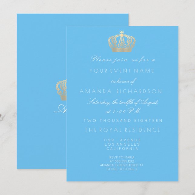 Invitación Bebé Blue Golden Crown Royal Pastel Blanco (Anverso / Reverso)