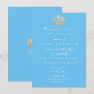 Invitación Bebé Blue Golden Crown Royal Pastel Blanco