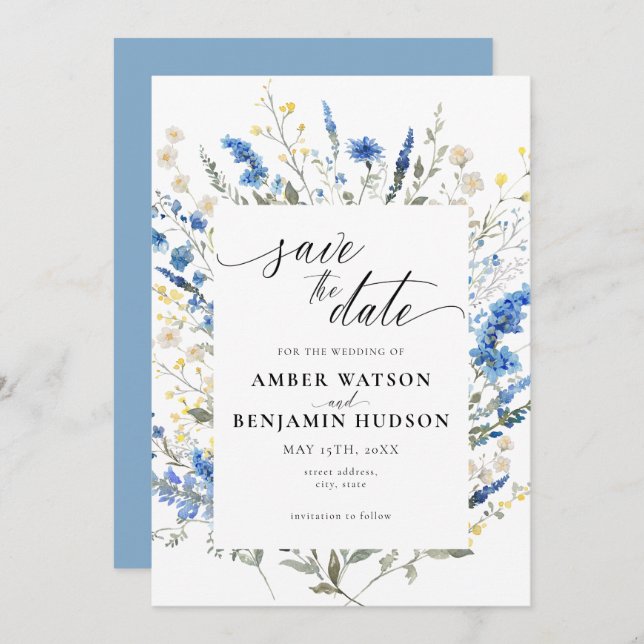 Invitación Bebé Blue Light Dainty Wild Floral Save The Date (Anverso / Reverso)
