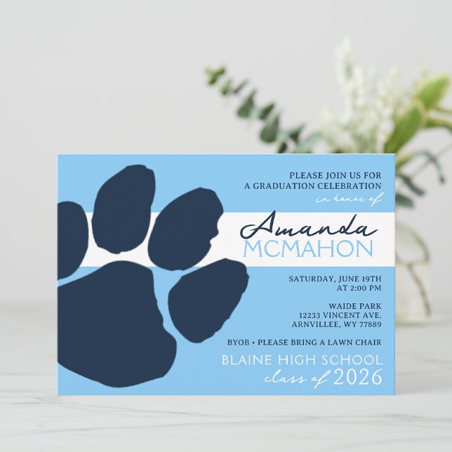 Invitación Bebe Blue & Navy Elegant Pawprint (Foto de vuelta) (Subido por el creador)
