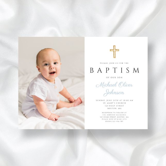 Invitación Bebé Blue Script Cross Boy Photo Baptism (Baby Blue Script Cross Boy Photo Baptism Invitation)