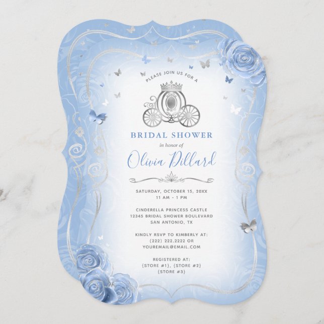 Invitación Bebé Blue Silver Cinderella Princess Bridal Shower (Anverso / Reverso)