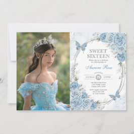 Invitación Bebé Blue Silver Mariposa Sweet 16 Fotos de cumple