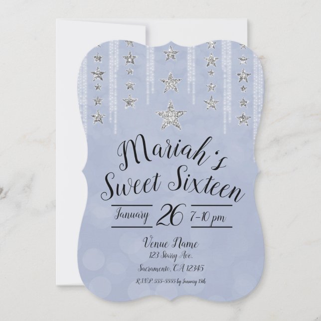 Invitación Bebé Blue & Silver Purpurina Stars Sweet 16 Fiesta (Anverso)