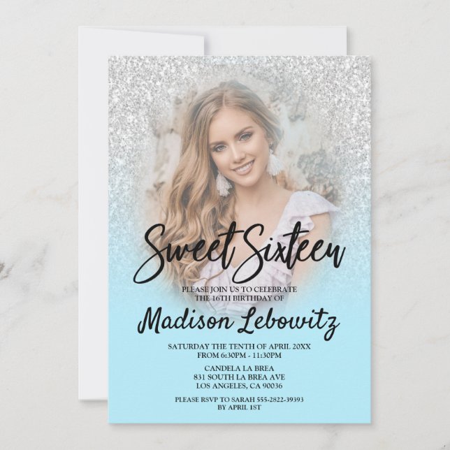 Invitación Bebe Blue & Silver Purpurina Sweet 16 Photo Invite (Anverso)