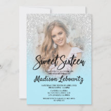Bebe Blue & Silver Purpurina Sweet 16 Photo Invite