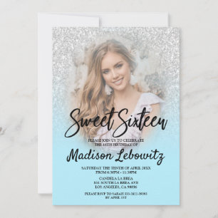 Invitación Bebe Blue & Silver Purpurina Sweet 16 Photo Invite