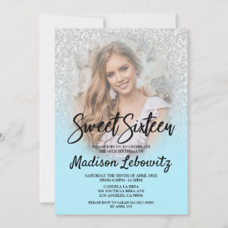 Invitación Bebe Blue & Silver Purpurina Sweet 16 Photo Invite