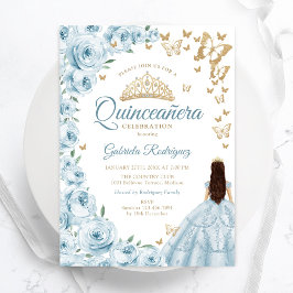 Invitación Bebé Blue Watercolor Floral Oro Quinceanera
