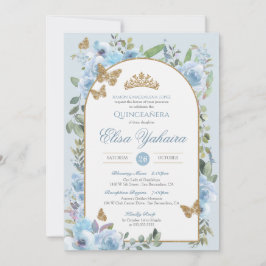 Invitación Bebé Blue Watercolor Mariposa Dorada Quinceanera
