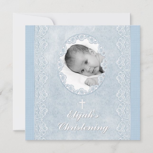 Invitación Bebé Blue White Boy Foto Bautismo Christine (Anverso)