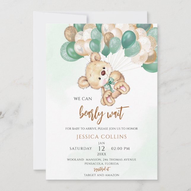 Invitación Bebé Boho Bear Cumpleaños Globos Verdes (Anverso)